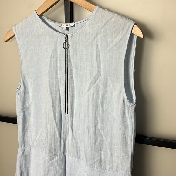 BURU Tiered Chambray Light Blue Mini Dress with Zipper Detail Size Small - Picture 4 of 7